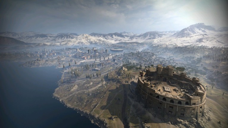 Verdansk Warzone map, showing snowy mountains, trees, cities, and a big arena.