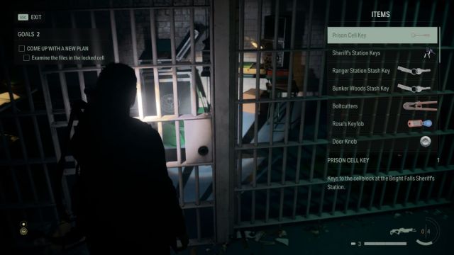 an in game screenshot of Saga unlocking a jail cell with an items menu shown in Alan Wake 2.