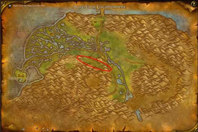 A WoW screenshot of the Wetlands map with the Angerfang Encampment where Garneg Charskull spawns circled in red.