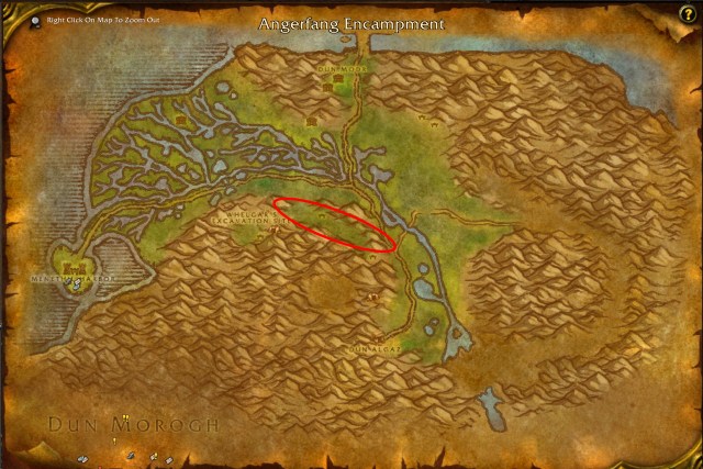 A WoW screenshot of the Wetlands map with the Angerfang Encampment where Garneg Charskull spawns circled in red.