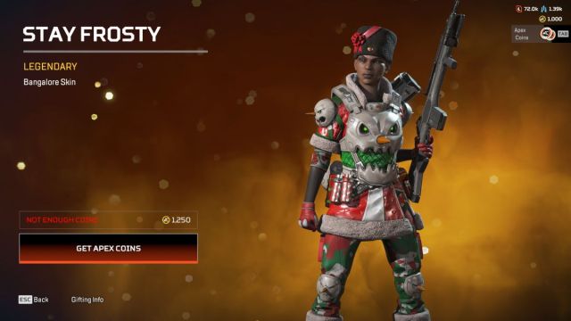 An in game screen shot of a Bangalore holiday skin in the Apex Legends store.