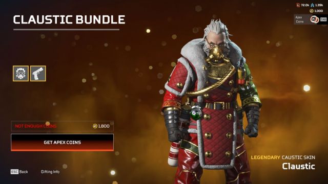 An in game screen shot of a Caustic holiday skin in the Apex Legends store.