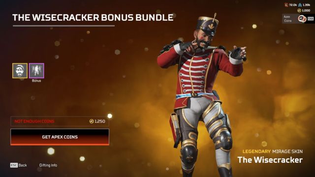 An in game screen shot of a Mirage holiday skin in the Apex Legends store.