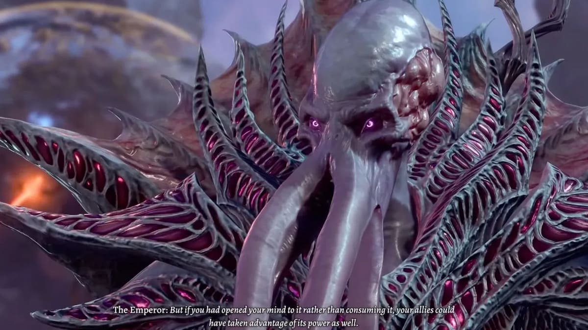 A Mind Flayer in Baldur's Gate 3 with a tentacled face and a coat with spines coming from the shoulders.