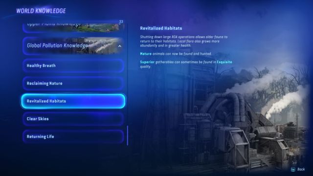 The Global Pollution Knowledge page in Avatar: Frontiers of Pandora.