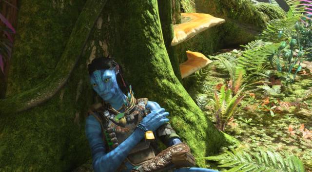 So'lek injured and leaning against a tree in Avatar: Frontiers of Pandora.