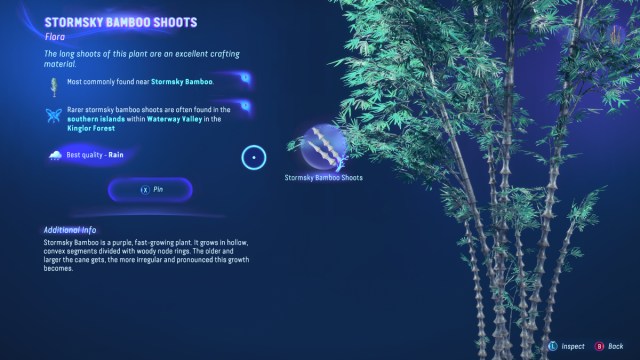 The Hunter's Guide entry for Stormsky Bamboo Shoots in Avatar: Frontiers of Pandora