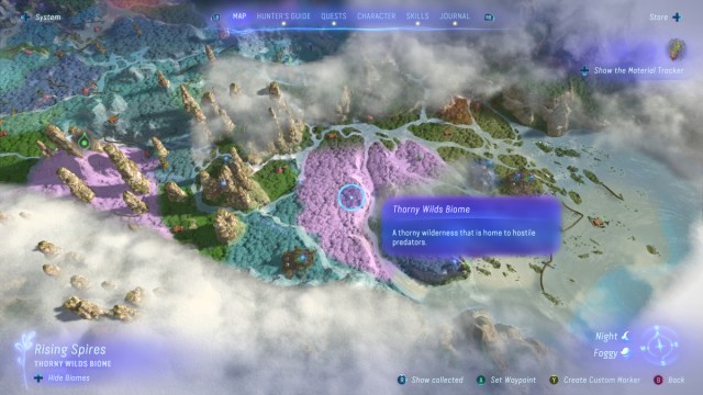 A screenshot of the map in Avatar: Frontiers of Pandora with biomes showing.