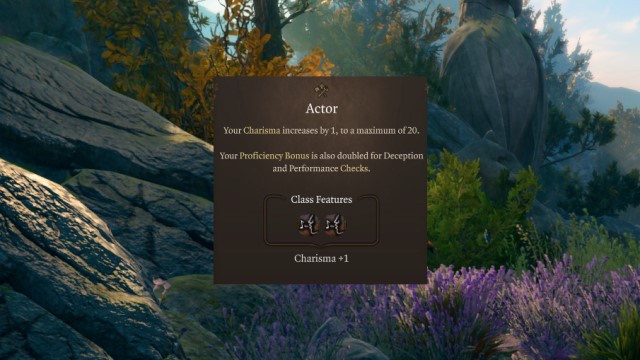 The description for the Actor feat in Baldur's Gate 3, set on a lush background of the BG3 level-up screen.