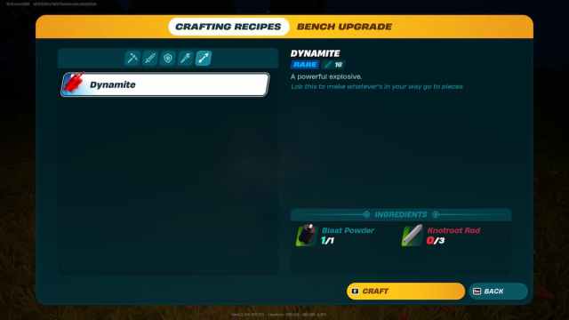 A crafting screen showing how to make dynamite