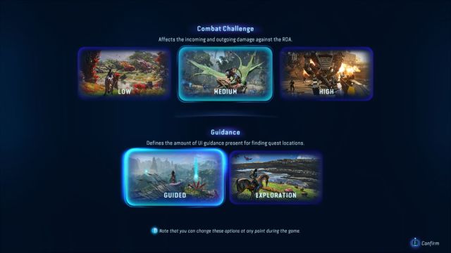 The combat difficulty menu in Avatar: Frontiers of Pandora.