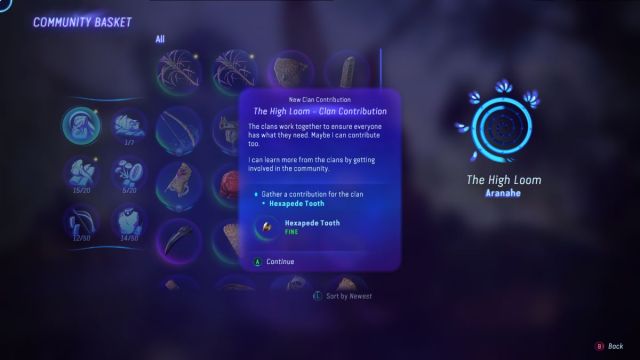 The Community Basket contribution screen in Avatar: Frontiers of Pandora.