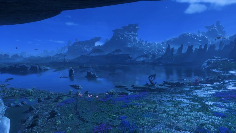 A Sarentu Totem viewed from a cave at night in Avatar: Frontiers of Pandora.