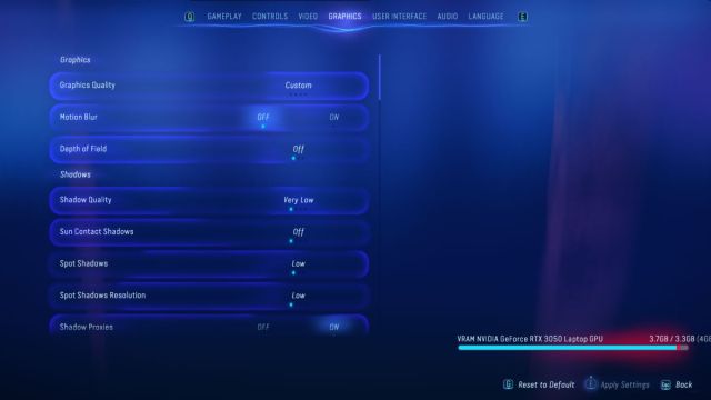 The Graphics settings menu in Avatar: Frontiers of Pandora.
