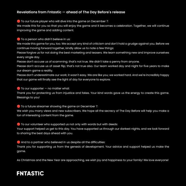 FNTASTIC's statement three days before The Day Before's early access launch