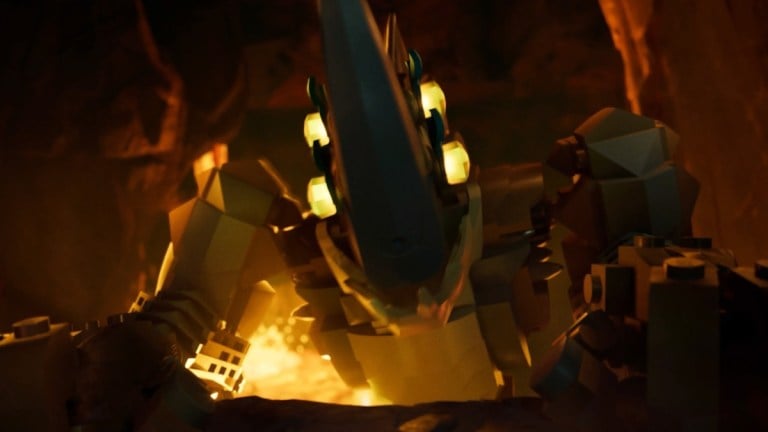 Giant Brute appearing in lava cave chamber in LEGO Fortnite opening cutscene