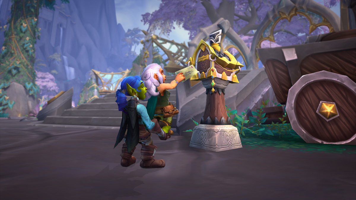 Gobling holding a Gnome while they put a letter into a mailbox