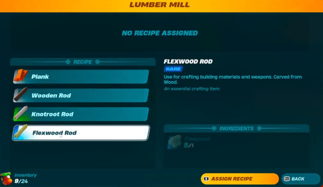 Flexwood Rods recipe in LEGO Fortnite