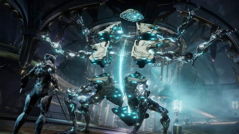 A Warframe stands in front of a giant robotic creature with eight limbs, standing on its hind legs while stretching out four arms above.