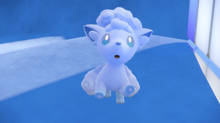 A screenshot from Pokemon Scarlet and Violet The Indigo Disk with Alolan Vulpix, a white fox creature, jumping in joy.