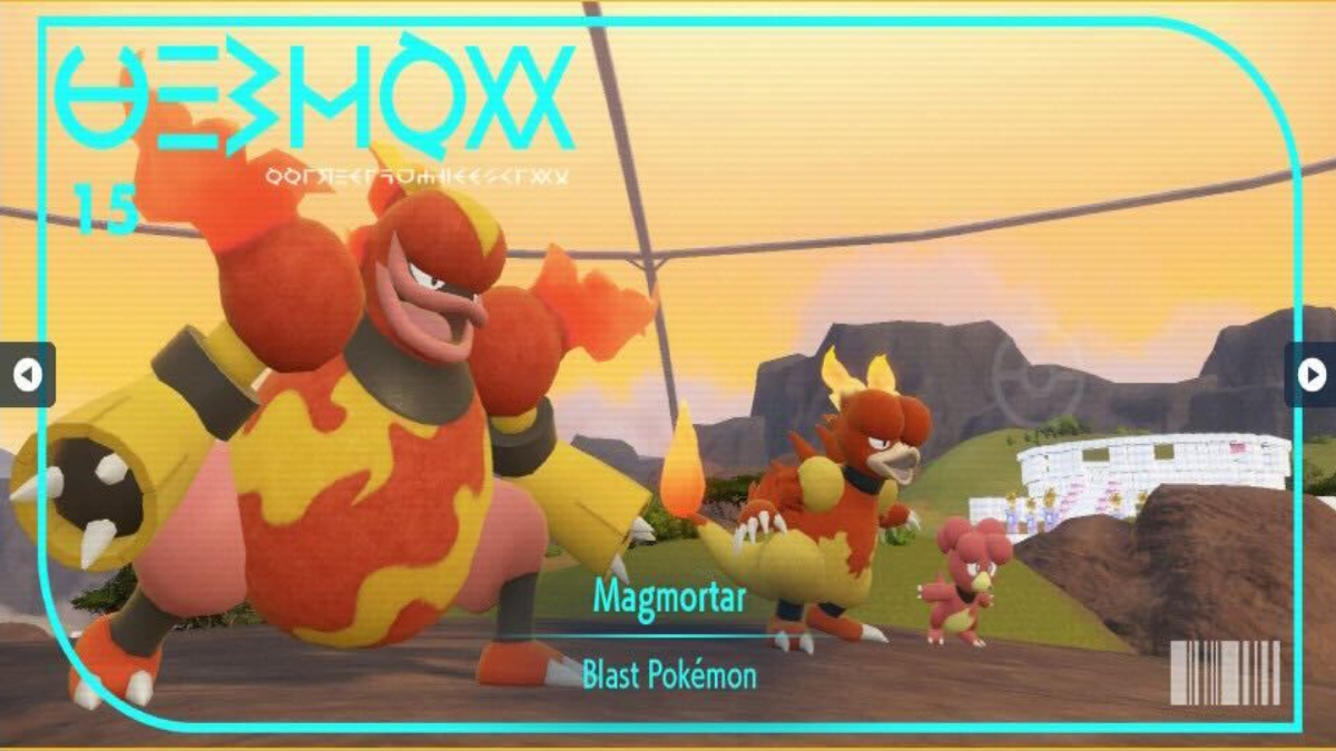 The Pokedex entry for Magmortar in The Indigo Disk.