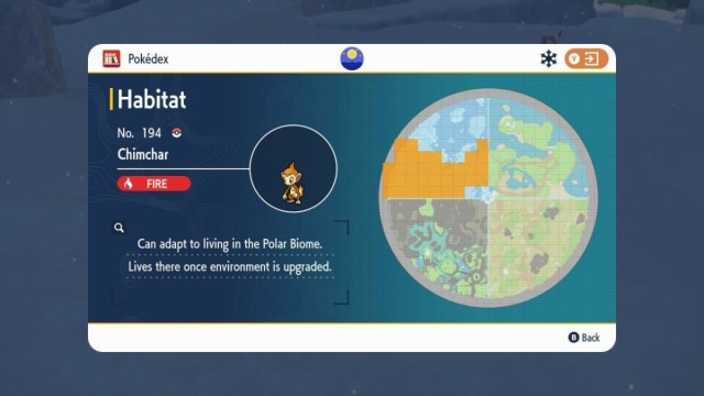 Chimchar's spawn location shown in the Pokedex in The Indigo Disk.