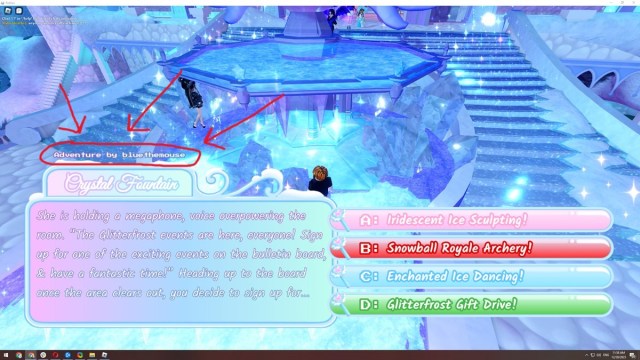 Roblox character answering a question during Glitterfest Winter event 2023