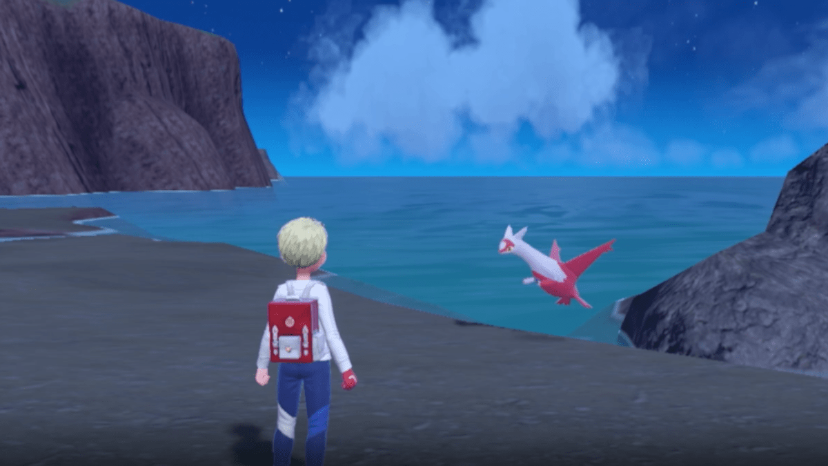 Latias floating near the ocean.