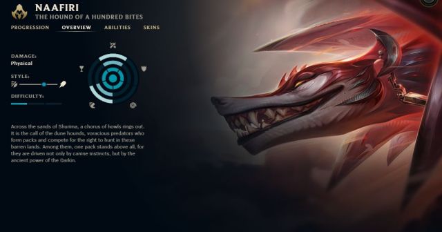 A screenshot of Naafiri's champion overview and splash art in League of Legends.