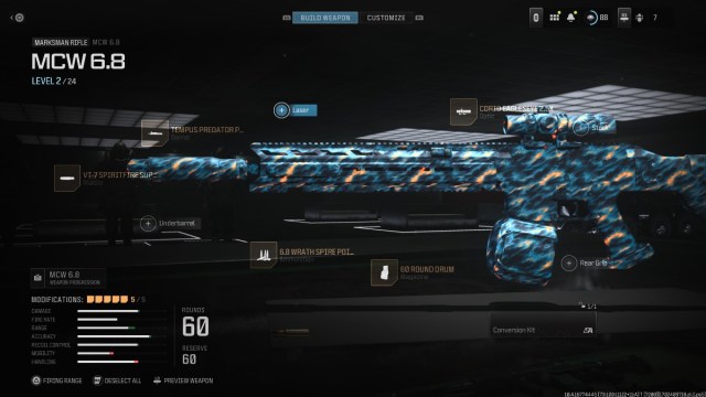 The MCW 6.8 in the MW3 weapon customization page, with stats and attachments displayed.