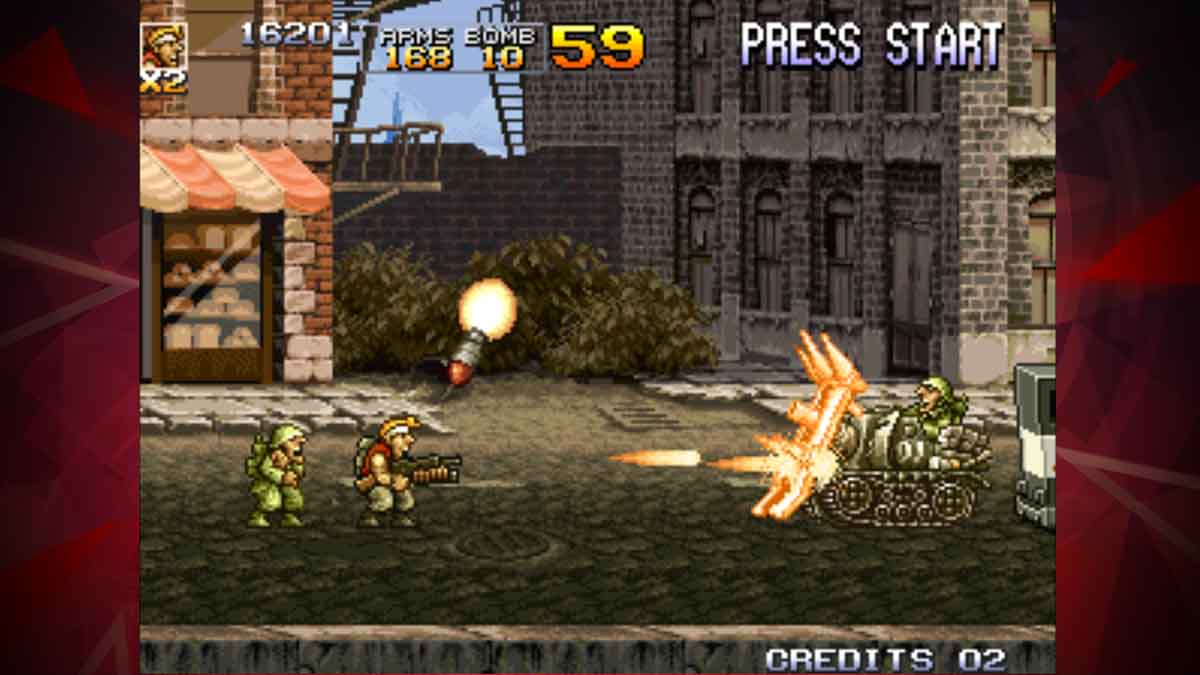 Side-scrolling 2D shooter gameplay in Metal Slug 4 ACA NeoGeo