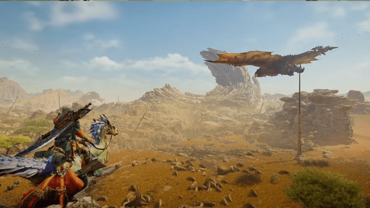 Arid scenery with Monster Hunter Wilds hunter facing a faraway rock and Rathian.