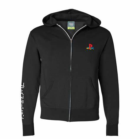 A promotional image of the PlayStation Heritage Zip-Up hoodie from PlayStation Gear.