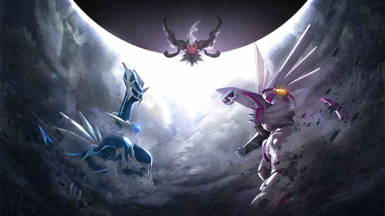 Darkrai floating above Dialga and Palkia in artwork for Pokémon Scarlet and Violet event.