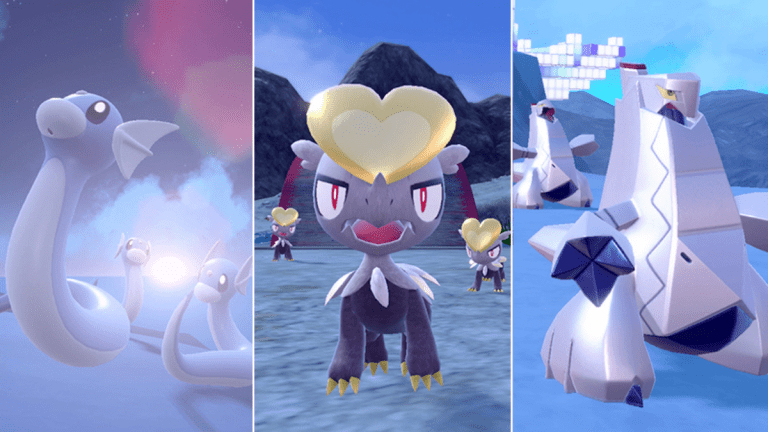 Split image of Dratini, Jangmo-o, and Duraludon in Pokémon Scarlet and Violet.