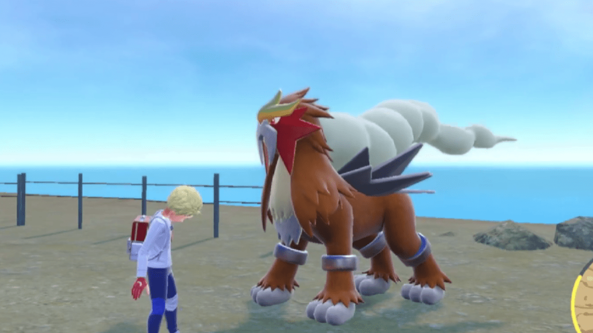 Entei standing in front of the trainer in Pokémon Scarlet and Violet