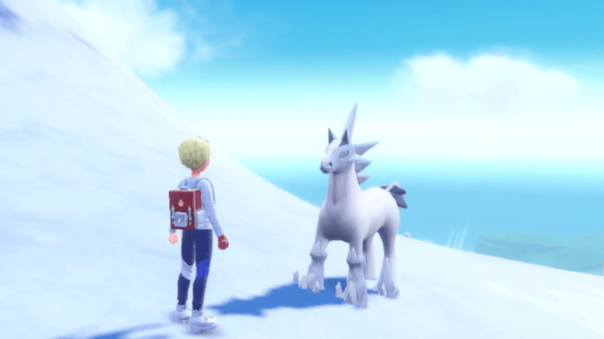 Glastrier standing in the snow in front of the trainer in Pokémon Scarlet and Violet