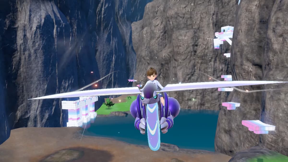 The player flying on Miraidon in Pokémon Scarlet and Violet.