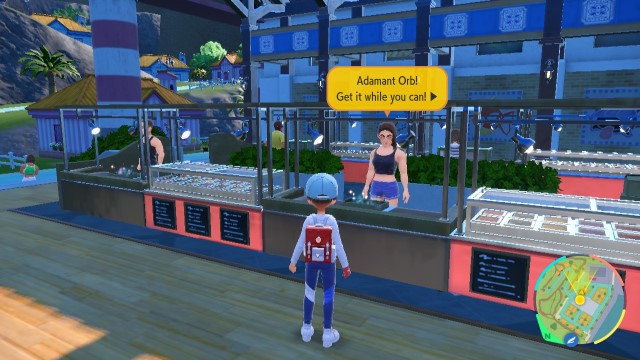 A woman in a black shirt peddles an Adamant Crystal in Pokémon Scarlet and Violet.