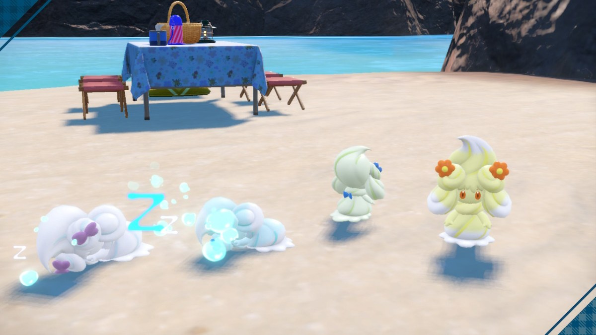 A group of Alcremie, including two sleeping ones, hang out on a beach in Pokémon Scarlet and Violet.