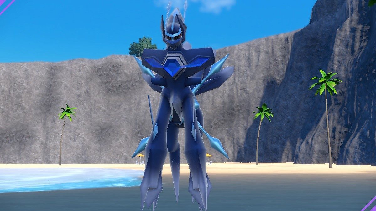 The Origin Forme of the Pokémon of time Dialga stands on a beach in Pokémon Scarlet and Violet.