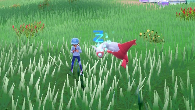 The white and red jet-like Pokémon Latias naps next to her trainer in Pokémon Scarlet and Violet.