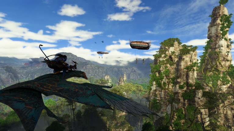 Player riding towards RDA aerial device in Avatar: Frontiers of Pandora