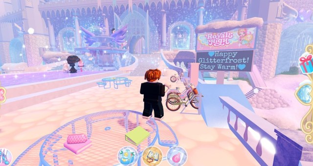 Roblox character standing in the main campus courtyard or Royale High