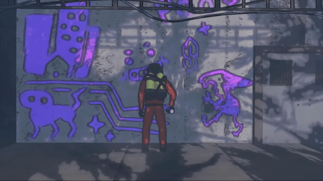 Graffitied monsters on Facility wall with Intern standing in front of it in Update 45 trailer for Lethal Company