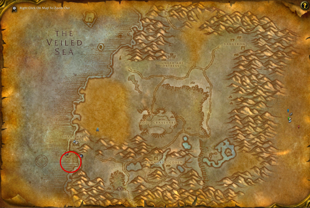 Screenshot of the Desolace map in WoW Classic with the area where the Big Iron Fishing Pole can be found circled in red