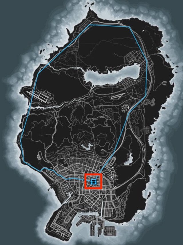 A road map of Los Santos in GTA Online. A truck's route is highlighted in blue, and the icon for the truck itself is noted with a red square.