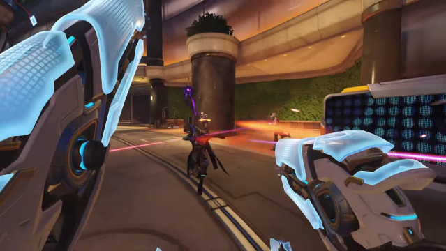 Reaper shoots at enemies using his Hard Light shotguns.