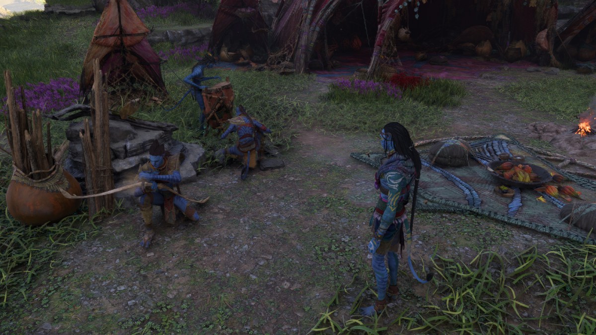 Avatar character standing with villagers