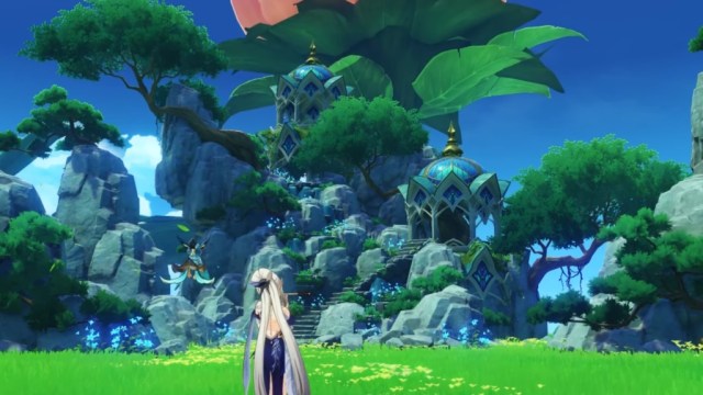 A blonde character looking at a forest.